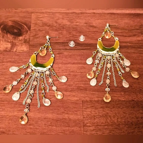 Elegant Yellow and Green Chandelier Earrings E1P35 - Picture 3 of 4